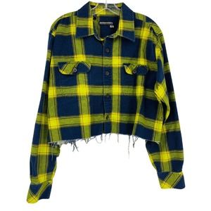 GOODBODY Flannel Crop Top Blue Green Cotton Long Sleeve Frayed Womens XL